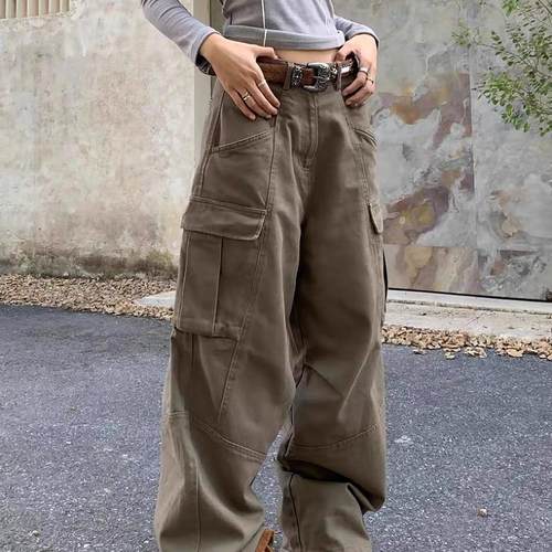 大码美式国潮大口袋解构工装牛仔裤男女高街复古宽松阔腿休闲长裤 - 图0
