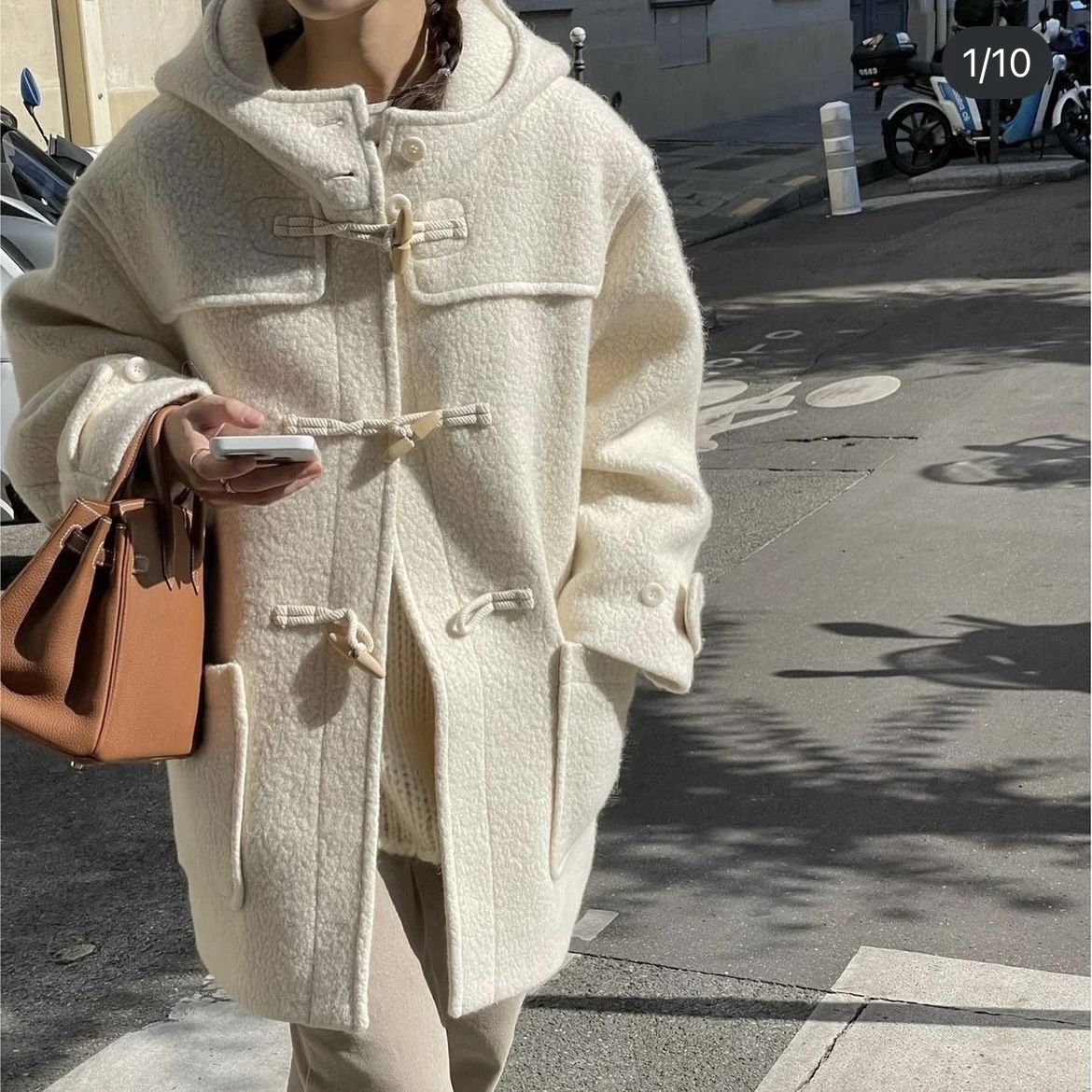 韩国theable牛角扣大衣羊绒连帽中长款冬加厚学院风羊毛呢外套女 - 图0