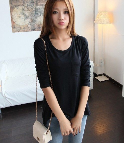 Spring and summer European and American style plus size women's bottoming shirt slim round neck pocket modal long sleeve t-shirt loose