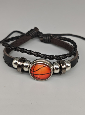 网红欧美时尚流行饰品个性串珠篮球比赛球迷周边皮革手链运动手环