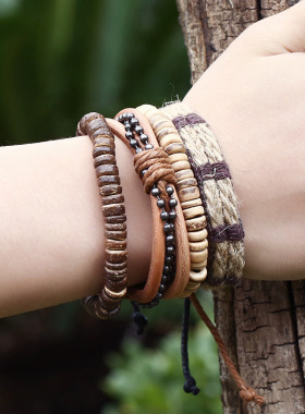 网红欧美简约复古套装手链diy编织手链椰壳手链男士麻绳手链