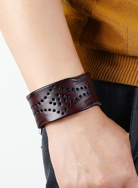 网红欧美新款宽皮镂空复古手链时尚百搭简约稳定男士饰品