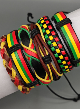 网红可调手环牙买加红黄绿学生编织皮革手链嘻哈hiphop街舞民族风