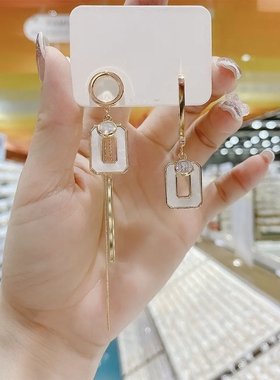 撤柜绿色不对称几何流苏耳环年新款潮大气方形AB款耳钉长款耳饰女