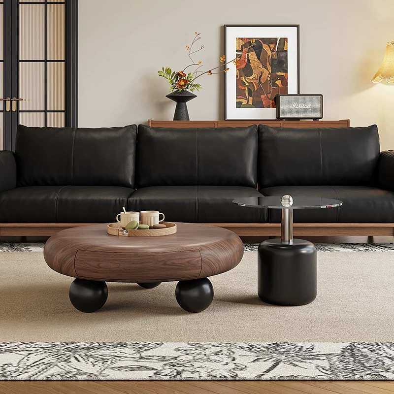 中古风胡桃木饰面茶几茶台家用客厅高端轻奢储物大小圆茶边几组合,淘宝优惠券,粉丝福利购,淘宝优惠卷