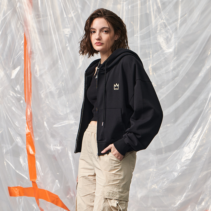 MISHKA大眼球秋冬美式复古女士设计感黑色短款外套双拉链卫衣开衫 - 图1