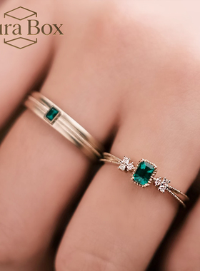 Aura Box祖母绿戒指女轻奢高级银镀金几何百搭款饰品情侣对戒刻字
