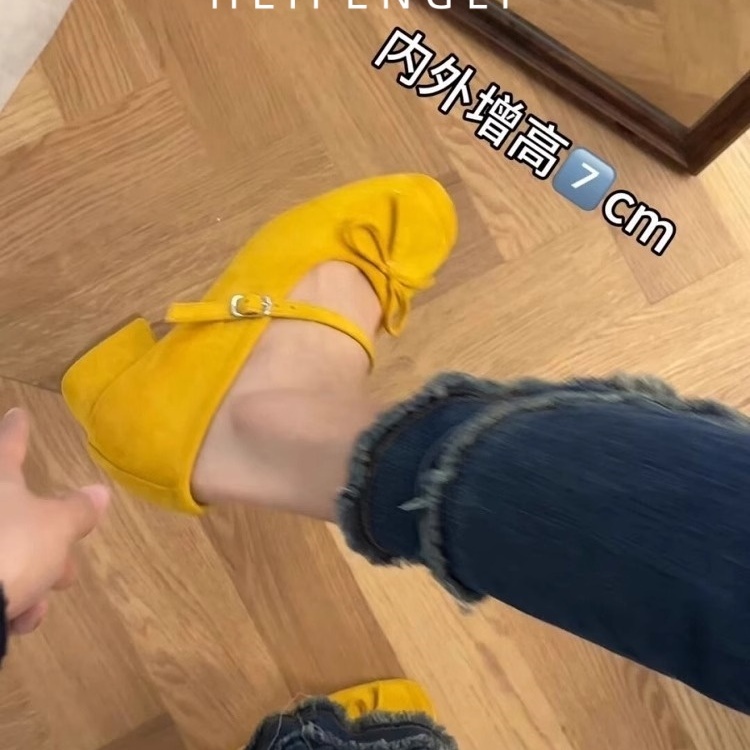 小个子内增高7CM玛丽珍鞋女2025新款法式蝴蝶结一字带芭蕾舞单鞋 - 图0