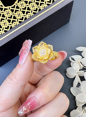 古风古法莲花花丝沙金开口戒指