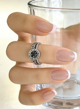 罗马数字戒指小众设计潮镀银复古做旧镶钻五角星开口编织指环