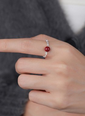 足银s999新中式朱砂碎银戒指女红色新年国风小清新简约戒指