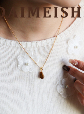 原创秋冬美拉德复古简约不规则虎眼石吊坠项链轻奢感锁骨链女