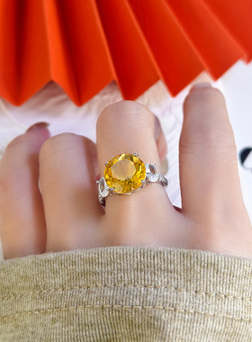 s925纯银可调节戒指镶嵌12mm天然水晶石托帕石感轻奢手饰品女