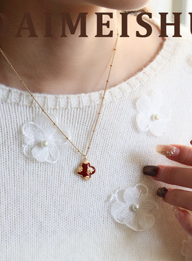 马年原创红色滴油四叶草吊坠项链轻奢感锁骨链本命年锁骨链女