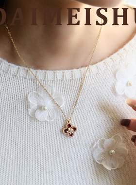 原创新年精致小巧红色滴油四叶草吊坠项链轻奢感本命年锁骨链