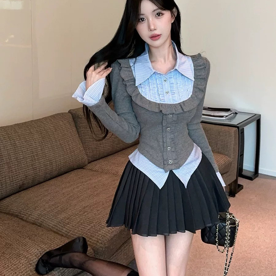 TMP 甜莓派-件打底女内搭木耳边条纹拼接喇叭长袖上衣小衫LL7710,淘宝优惠券,粉丝福利购,淘宝优惠卷