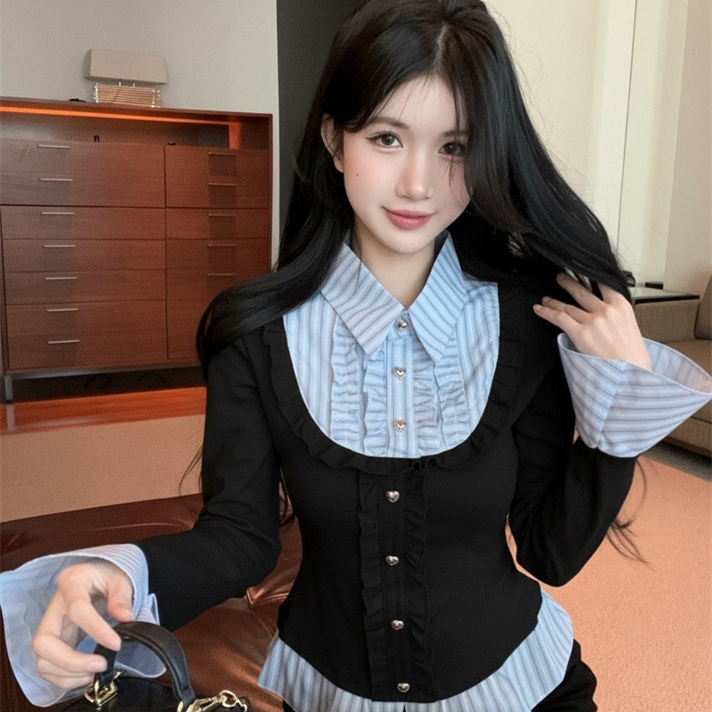 TMP 甜莓派-件打底女内搭木耳边条纹拼接喇叭长袖上衣小衫LL7710,淘宝优惠券,粉丝福利购,淘宝优惠卷