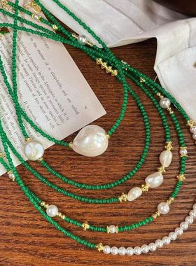 新中式原创高级感绿色人工猫眼石气质巴洛克珍珠子显白锁骨项链女