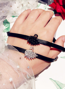 日韩水晶黑白色短款网红锁骨链