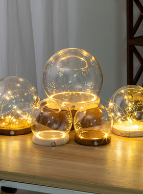 永生花积木手办LED海胆发光灯桌面装饰防尘玻璃罩底座金属开关