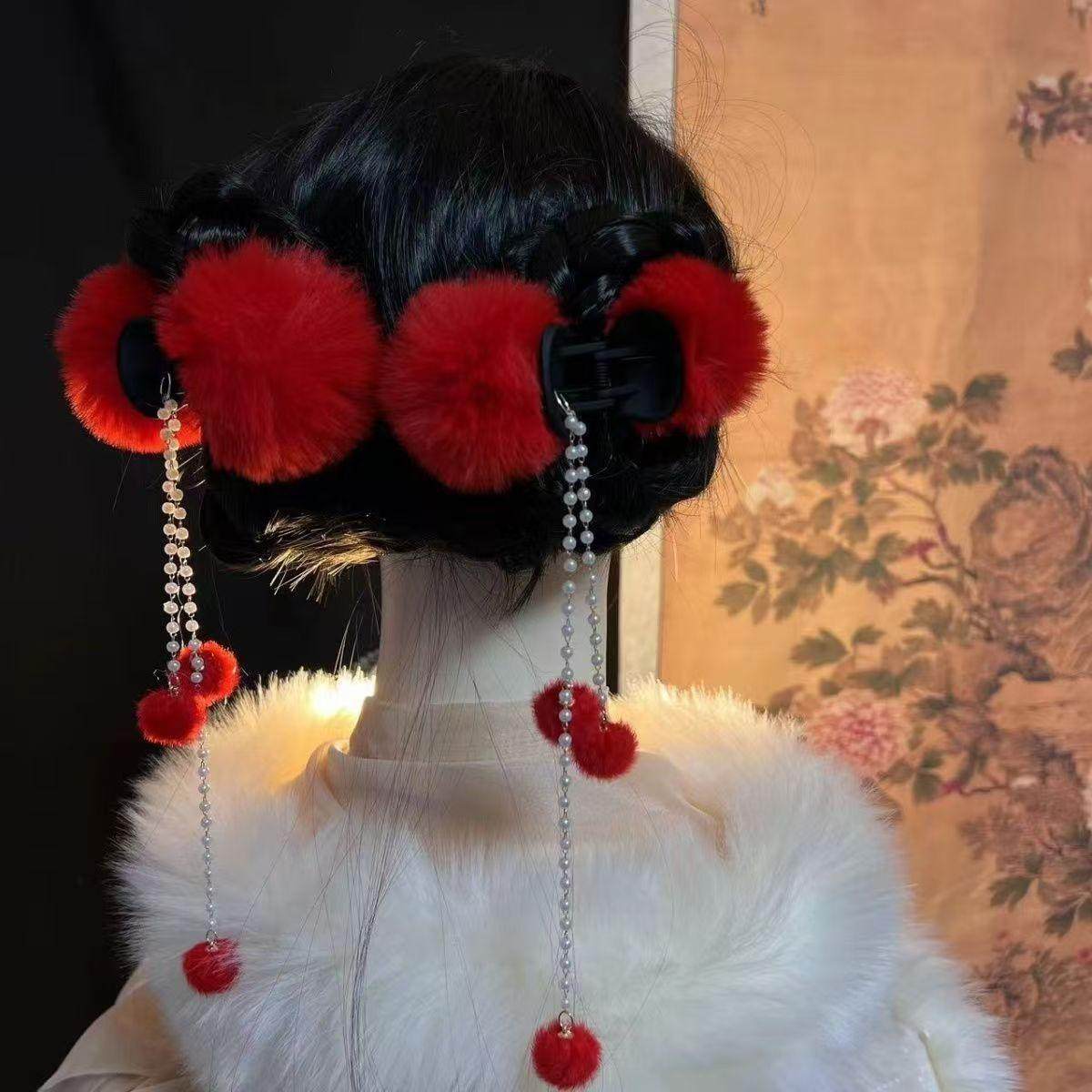 梦金陵 原创毛球古风流苏抓夹汉服秋冬可爱发饰百搭配饰中国风,淘宝优惠券,粉丝福利购,淘宝优惠卷