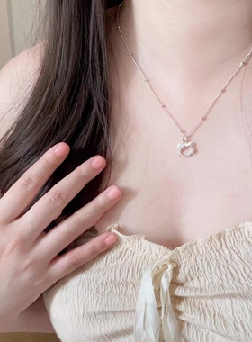 足银999纯银三丽鸥hellokitty猫头镂空凯蒂猫女银锁骨项链送女友