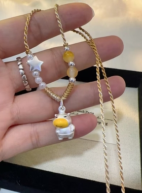 足银999新款水豚噜噜手工编织项链纯银吊坠可爱呆萌送女友