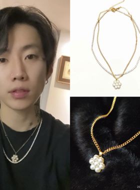 朴宰范同款五瓣花朵珍珠吊坠金色钛钢项链圈套装时尚常戴JAY PAPK