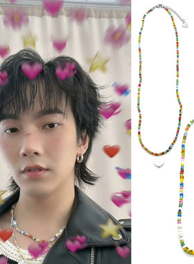 Bible大小珍珠白蓝色珠拼接项链