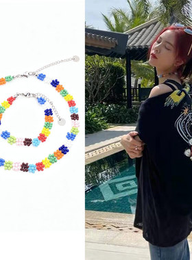 CC宋妍霏同款彩色菊花手链项链彩套装choker新款可爱小花串珠颈链