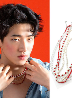 朴宰燦同款项链套装红白透淡水珠