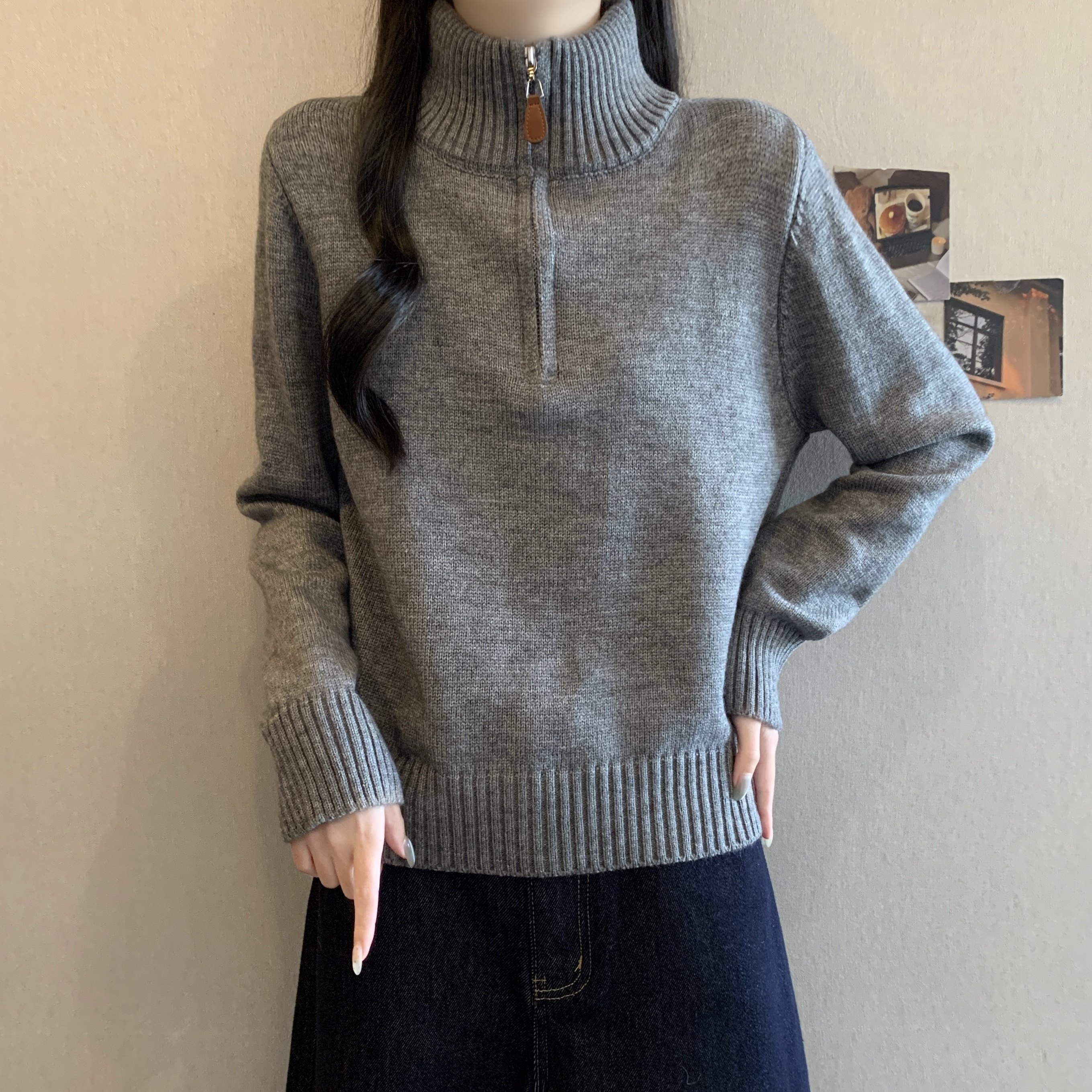 高级灰半拉链立领针织羊毛衫女长袖2025新款巨好看的冬装内搭上衣,淘宝优惠券,粉丝福利购,淘宝优惠卷