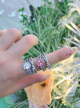 戒指欧美微镶粉白锆指环女