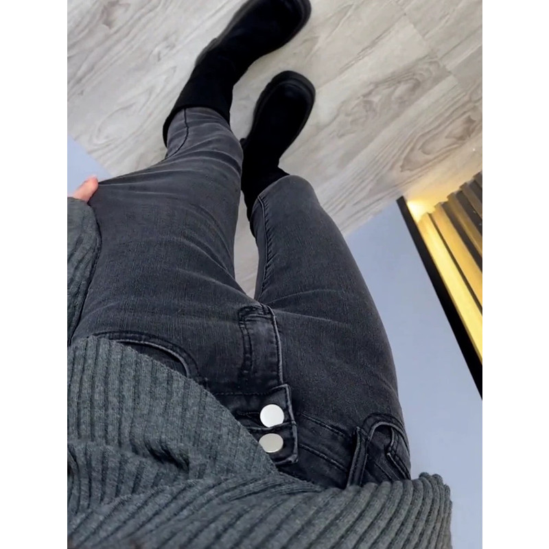 烟灰色牛仔裤女高腰秋冬加绒2025年新款弹力修身显瘦九分小脚裤子,淘宝优惠券,粉丝福利购,淘宝优惠卷