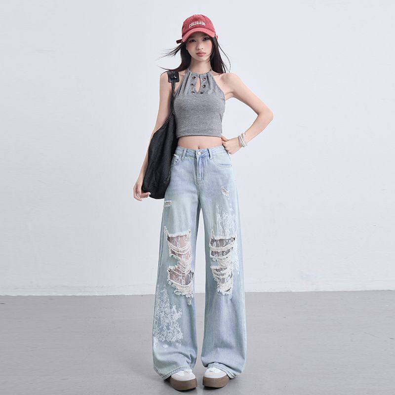 浅蓝破洞蕾丝阔腿牛仔裤女秋冬秋季2025年新款设计感宽松直筒裤子,淘宝优惠券,粉丝福利购,淘宝优惠卷