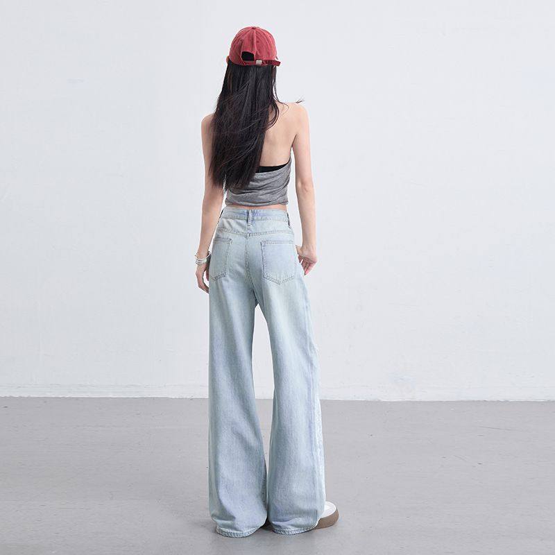 浅蓝破洞蕾丝阔腿牛仔裤女秋冬秋季2025年新款设计感宽松直筒裤子,淘宝优惠券,粉丝福利购,淘宝优惠卷