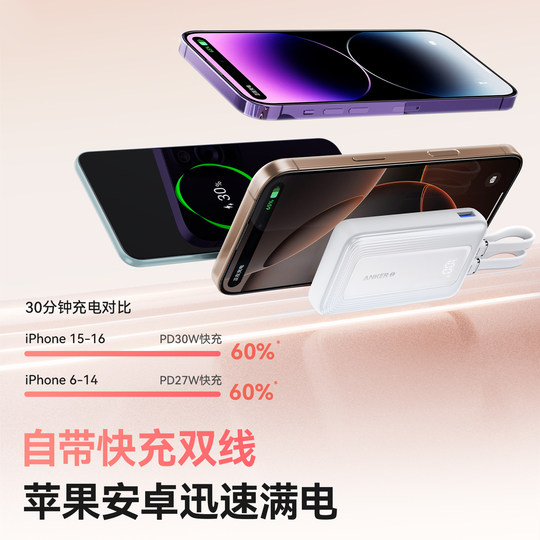 【新国标3C认证】Anker安克自带线充电宝20000毫安大容量2025新款45W快充超薄小巧便携移动电源适用苹果安卓
