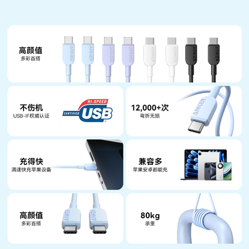 Anker安克适配苹果15充电线iPhone15promax数据线双typec充电器线ctoc手机iPad快充线笔记本华为小米安卓usbc