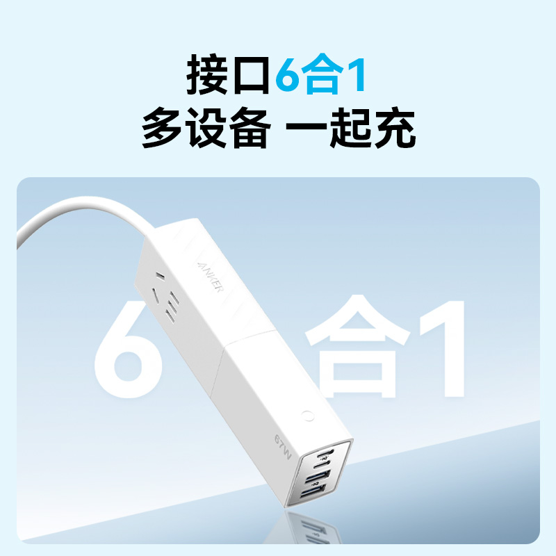 Anker安克67W桌面充电器适用于苹果15Pro苹果14充电头iPhone13/12系列华为安卓手机排插六合一接线板插头-图0