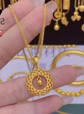 古法沙金新款吊珠平安扣吊坠女 铜镀金花丝镂空圆牌轻奢项链