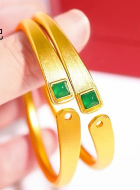 高保色越南沙金古法工艺镶嵌绿色玉石开口手镯女diy配饰手环