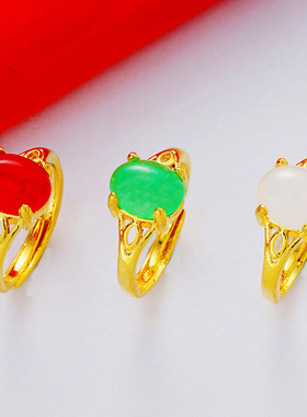 越南沙金饰品 镶锆石马来玉镀金开口戒指女 锆石戒指节日送礼物