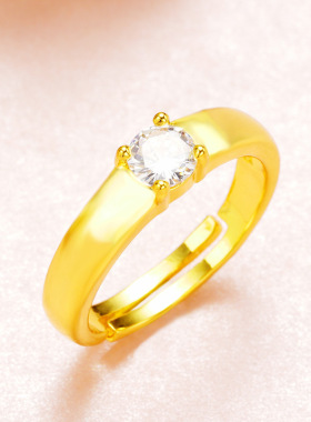 越南沙金锆石情侣戒指 铜镀999纯金开口男女对戒仿莫桑石指环