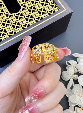 花鸟复古宫廷风镂空沙金戒指鸟语花香镀金久不掉色女气质指环