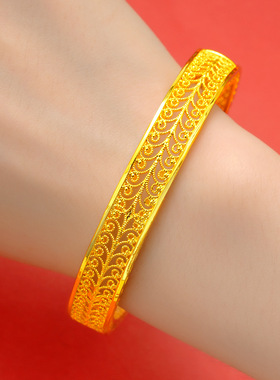 越南沙金开口镂空手环黄铜镀金手镯女式复古雕花掐丝婚庆手镯