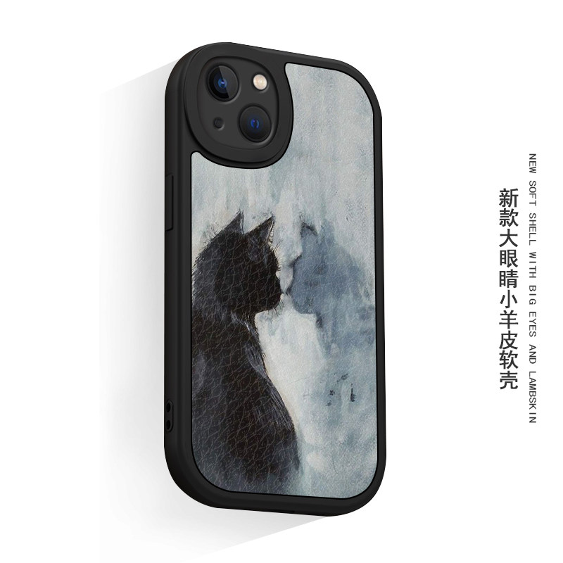 黑猫咪抽象油画风iphone16适用苹果15手机壳小米14红米K50华为nova13荣耀70潮mate60全包oppo小羊皮vivo可爱
