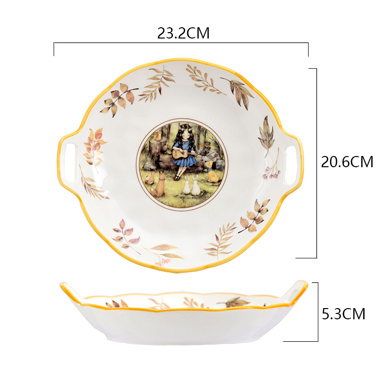 创意个性盘碗餐具陶瓷饭碗把手盘子家用焗烤盘双耳圆盘欧式卡通