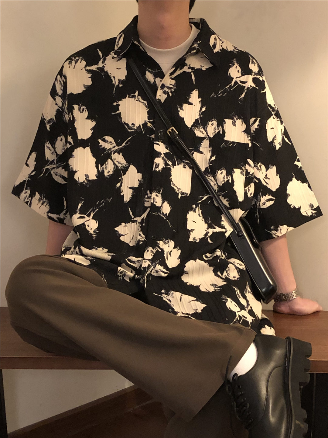 NAGAWL2024夏季新款美式复古宽松港味短袖衬衫男休闲潮流潮牌上衣 - 图1