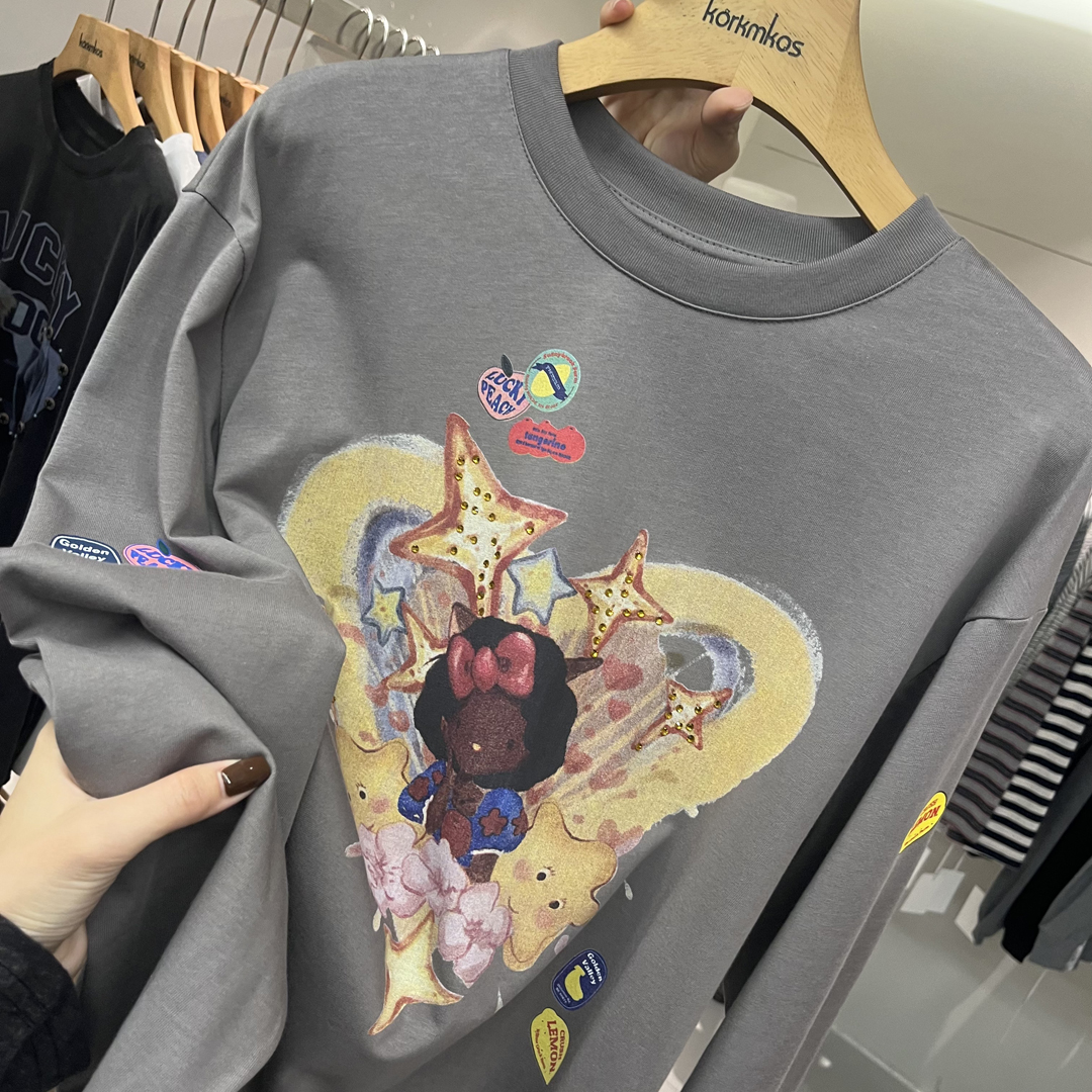 HANMIGAO 圆领卡通爱心图案宽松长袖T恤百搭上衣63006 - 图1