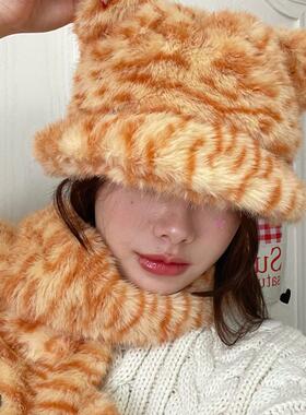 秋冬季毛绒渔夫帽保暖围脖两件套